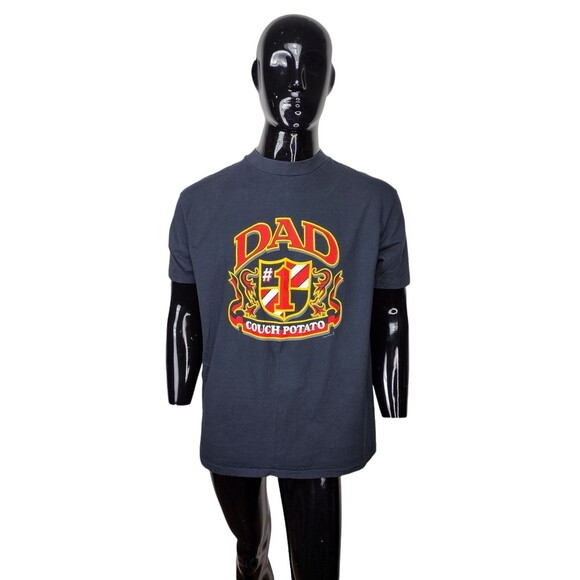 Vintage 80s #1 COUCH POTATO DAD Black Red Single Stitch Graphic Tee L/XL USA - Picture 6 of 7